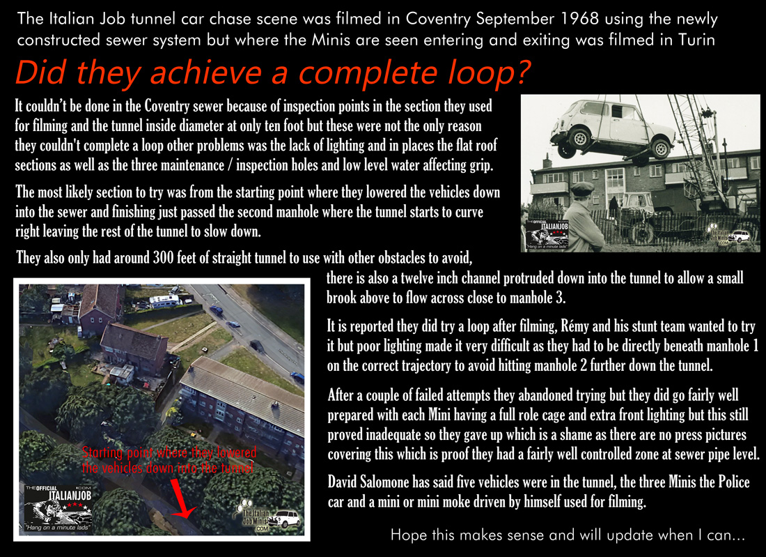 The Italian Job tunnel car chase scene was filmed in Coventry September 1968 using the newly constructed sewer system but where the Minis are seen entering and exiting was filmed in Turin